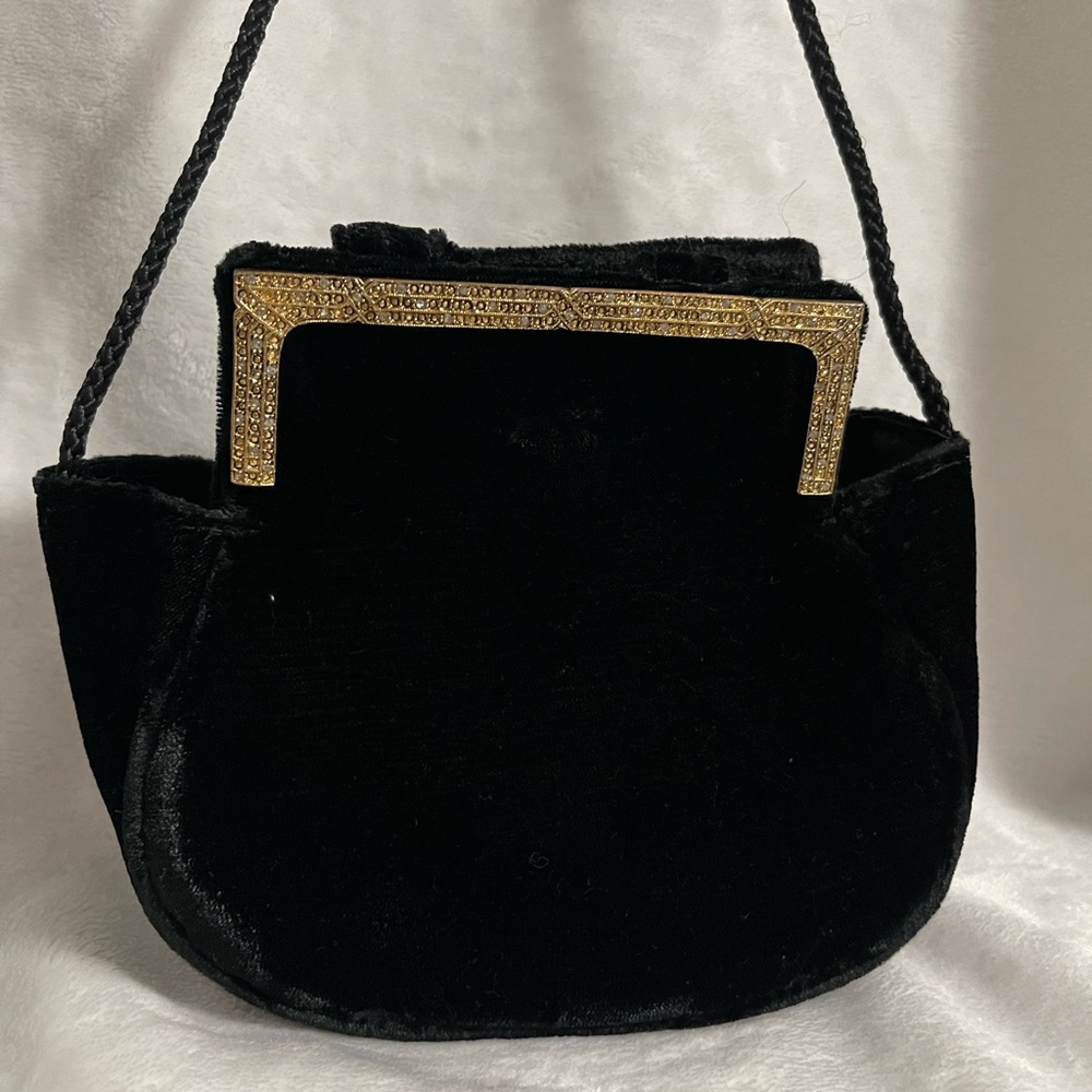Vintage velvet black purse gold with rhinestones - Picture 5 of 9